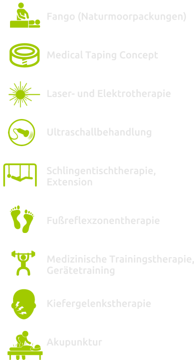 Fango (Naturmoorpackungen)  Medical Taping Concept  Laser- und Elektrotherapie  Ultraschallbehandlung  Schlingentischtherapie, Extension  Fußreflexzonentherapie  Medizinische Trainingstherapie, Gerätetraining   Kiefergelenkstherapie   Akupunktur