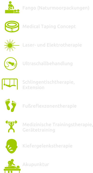 Fango (Naturmoorpackungen)  Medical Taping Concept  Laser- und Elektrotherapie  Ultraschallbehandlung  Schlingentischtherapie, Extension  Fußreflexzonentherapie  Medizinische Trainingstherapie, Gerätetraining   Kiefergelenkstherapie   Akupunktur